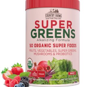 Country Farms Organic Super Greens Berry Flavor, 50 Organic Super Foods, Packed with Fiber, USDA Organic Drink Mix, Fruits, Vegetables, Mushrooms & Probiotics, Supports Energy, 5g Fiber